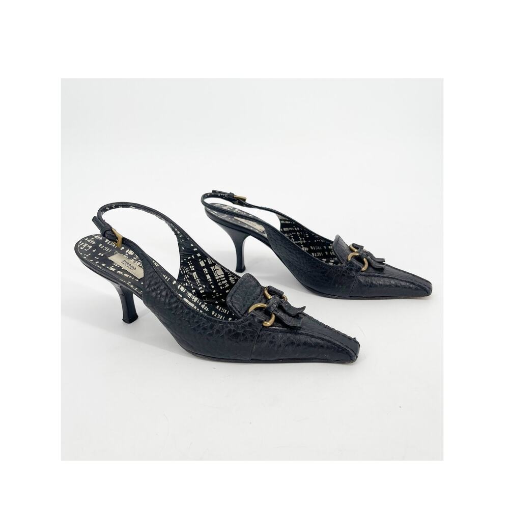 Prada Vintage Black Pebbled Leather Fringe Square Toe Slingback Heels IT 37